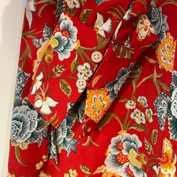 Loft Women's Button Down Blouse Long Sleeve Floral Collared Top Red‎ Size XS - Picture 5 of 9